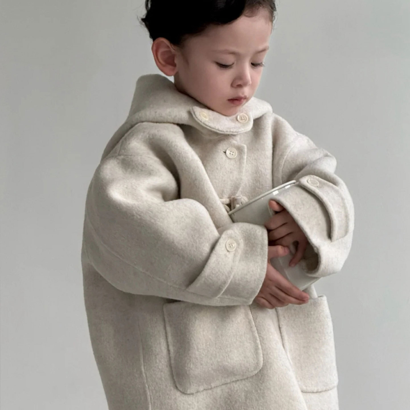 Palton copii cu glugă pentru iarnă, stil coreean, lungime medie, închidere cu un rând de nasturi