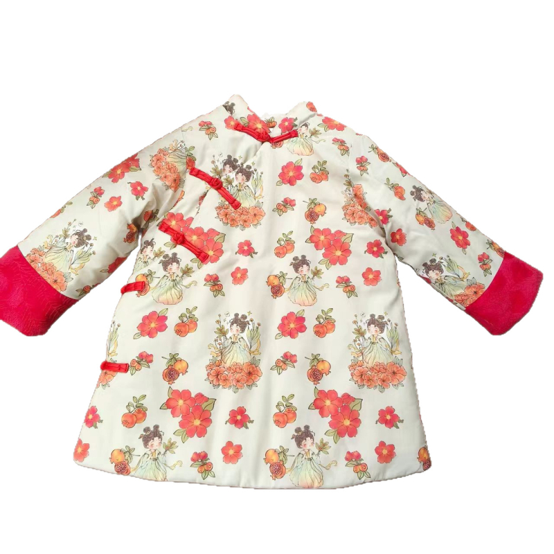 Bērnu vidēja garuma kokvilnas pūstā jaka ar pildījumu no kokvilnas, ārējais audums 100% kokvilna, oderējums kokvilna, vienrindu pogu aizdare, ziema, 1–3 gadi