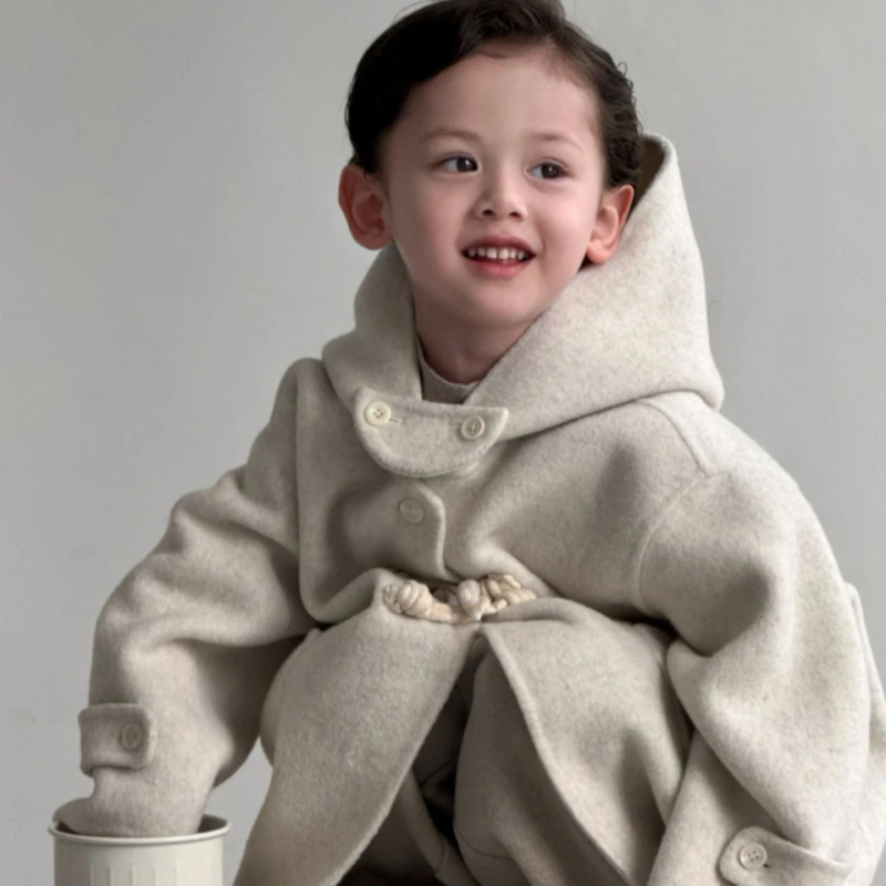 Palton cu glugă pentru copii, iarnă, stil coreean, lungime medie, închidere cu un rând de nasturi, 3–8 ani