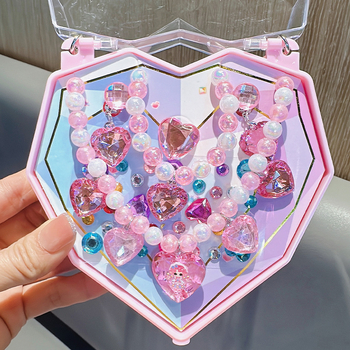 Bērnu rotaslietu komplekts: rokdarbu DIY ar sirds formu, imitācijas pērlīšu rokassprādze un kaklarota, 3–6 gadiem