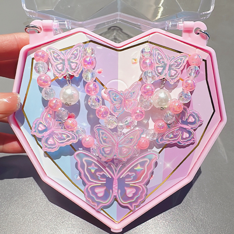 Bērnu rotaslietu komplekts: rokdarbu DIY ar sirds formu, imitācijas pērlīšu rokassprādze un kaklarota, 3–6 gadiem