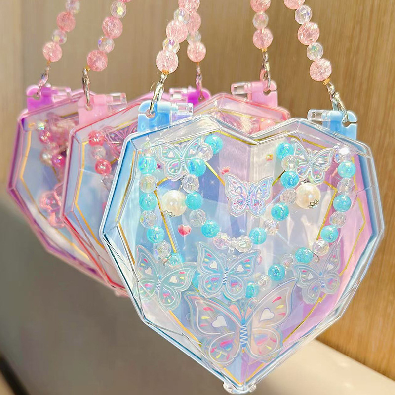 Bērnu rotaslietu komplekts: rokdarbu DIY ar sirds formu, imitācijas pērlīšu rokassprādze un kaklarota, 3–6 gadiem