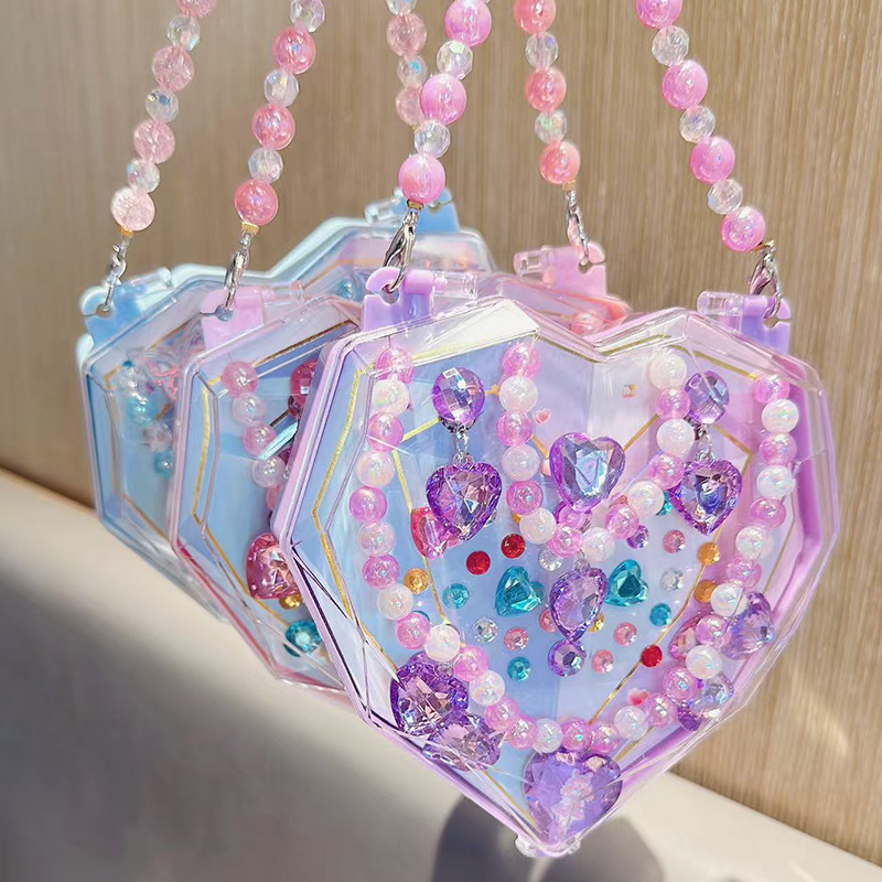 Bērnu rotaslietu komplekts: rokdarbu DIY ar sirds formu, imitācijas pērlīšu rokassprādze un kaklarota, 3–6 gadiem