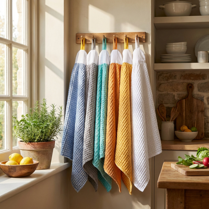 Prosop de bucătărie din bumbac 100% cu țesătură waffle, cu agățare, >200 g, fir 40, imprimat