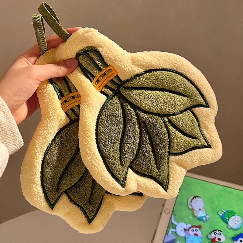 Prosop de mână cu design de frunză yuzu, velur coral, brodat, 30–50 g