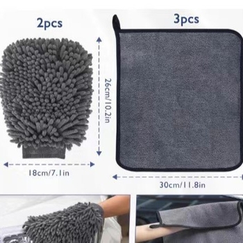 Mănușă de spălat auto din microfibră chenille, îngroșată pentru protecția vopselei; include prosop din velur coral și burete de curățare; 60 fire, greutate 200 g+.