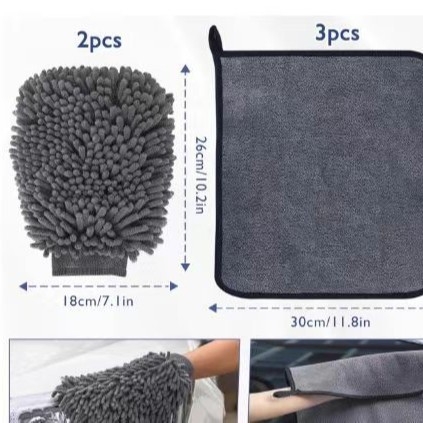 Mănușă de spălat auto din microfibră chenille, îngroșată pentru protecția vopselei; include prosop din velur coral și burete de curățare; 60 fire, greutate 200 g+.