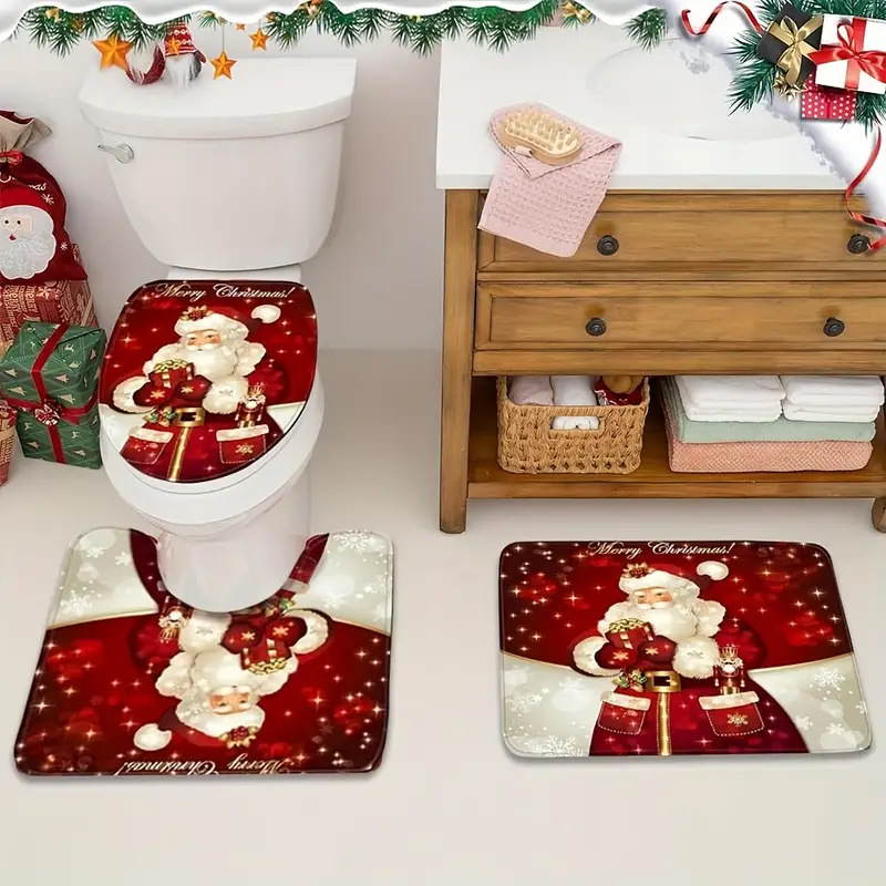 Triju gabalu Ziemassvētku grīdas paklāju komplekts ieejai, no poliestera šķiedras, pretslīdošs, mazgājams veļas mašīnā