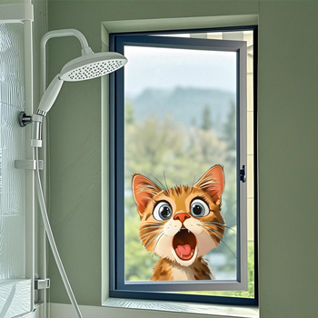 Autocolant pentru fereastră, decor de sticlă cu o pisică drăguță lângă fereastră — PVC, adeziv electrostatic, stil modern minimalist; 1 bucată, cod Ct-r184; potrivit pentru living, dormitor și balcon