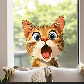 Autocolant pentru fereastră, decor de sticlă cu o pisică drăguță lângă fereastră — PVC, adeziv electrostatic, stil modern minimalist; 1 bucată, cod Ct-r184; potrivit pentru living, dormitor și balcon