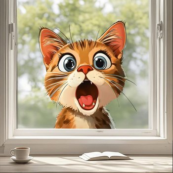 Autocolant pentru fereastră, decor de sticlă cu o pisică drăguță lângă fereastră — PVC, adeziv electrostatic, stil modern minimalist; 1 bucată, cod Ct-r184; potrivit pentru living, dormitor și balcon