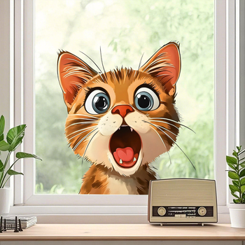 Autocolant pentru fereastră, decor de sticlă cu o pisică drăguță lângă fereastră — PVC, adeziv electrostatic, stil modern minimalist; 1 bucată, cod Ct-r184; potrivit pentru living, dormitor și balcon