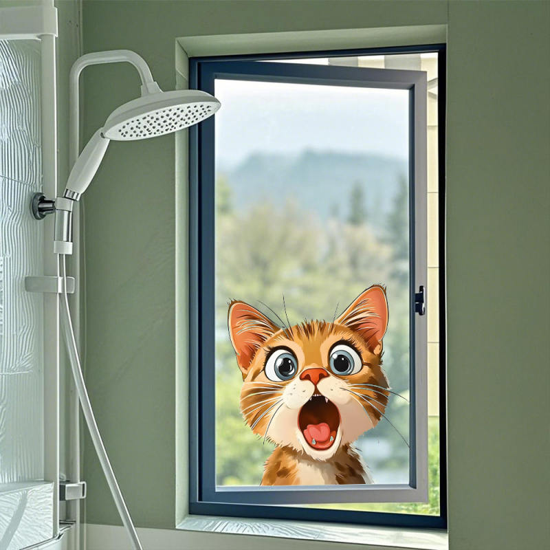 Autocolant pentru fereastră, decor de sticlă cu o pisică drăguță lângă fereastră — PVC, adeziv electrostatic, stil modern minimalist; 1 bucată, cod Ct-r184; potrivit pentru living, dormitor și balcon