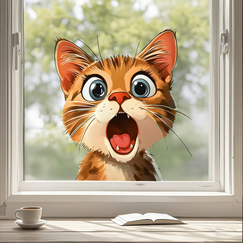 Autocolant pentru fereastră, decor de sticlă cu o pisică drăguță lângă fereastră — PVC, adeziv electrostatic, stil modern minimalist; 1 bucată, cod Ct-r184; potrivit pentru living, dormitor și balcon