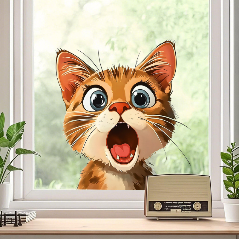 Autocolant pentru fereastră, decor de sticlă cu o pisică drăguță lângă fereastră — PVC, adeziv electrostatic, stil modern minimalist; 1 bucată, cod Ct-r184; potrivit pentru living, dormitor și balcon