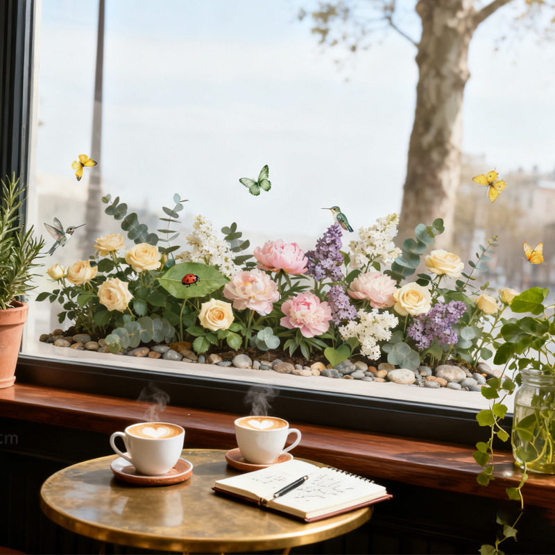 Sticker electrostatic pentru geam din PVC – model floral (1 bucată), decor impermeabil pentru living, dormitor, birou; personalizare disponibilă