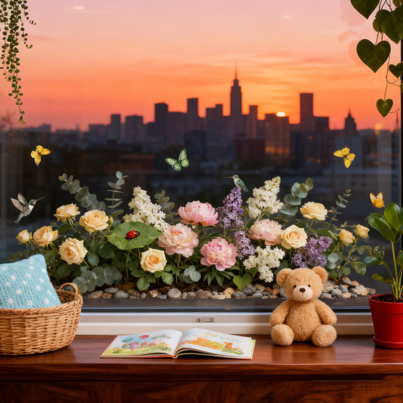 Sticker electrostatic pentru geam din PVC – model floral (1 bucată), decor impermeabil pentru living, dormitor, birou; personalizare disponibilă