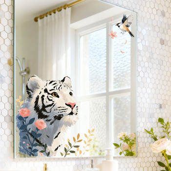 Sticker de perete – Tigru drăguț cu flori, decor electrostatic (PVC, impermeabil, 1 bucată)