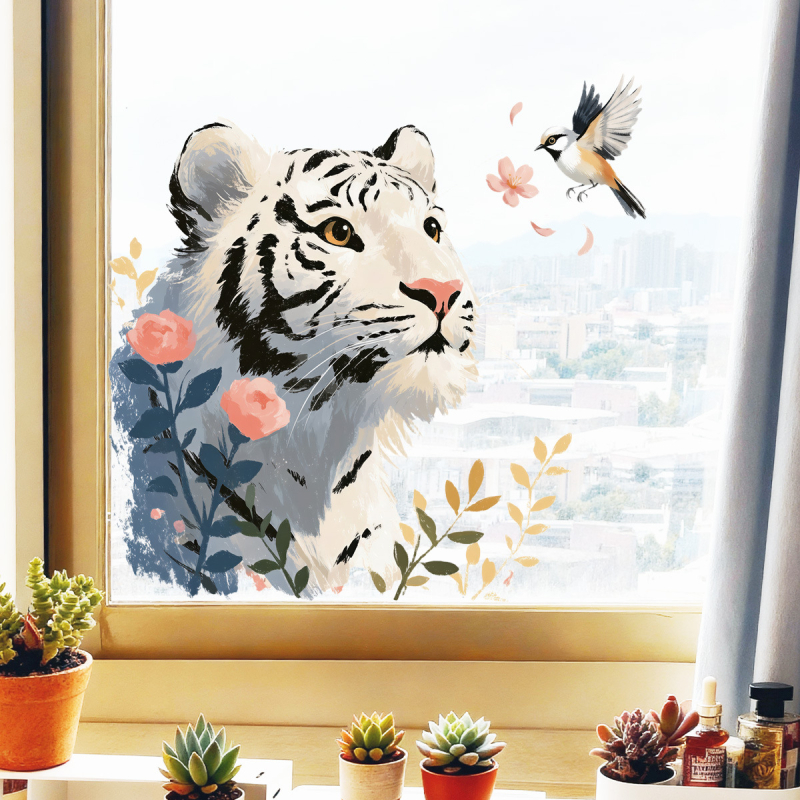 Sticker de perete – Tigru drăguț cu flori, decor electrostatic (PVC, impermeabil, 1 bucată)