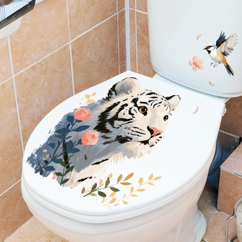 Sticker de perete – Tigru drăguț cu flori, decor electrostatic (PVC, impermeabil, 1 bucată)