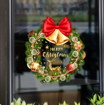 Božićna girlanda za prozor s elektrostatickim naljepnicama za staklo — PVC, 1 komad, crtani uzorak, dekorativna zidna naljepnica, pogodna za dnevni boravak, restoran i trgovački prostor