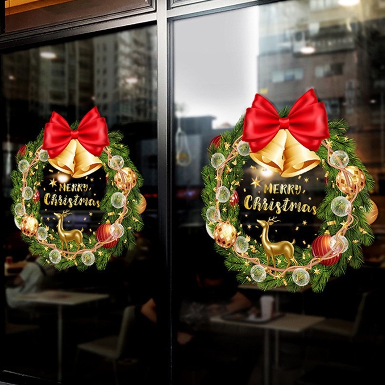 Božićna girlanda za prozor s elektrostatickim naljepnicama za staklo — PVC, 1 komad, crtani uzorak, dekorativna zidna naljepnica, pogodna za dnevni boravak, restoran i trgovački prostor