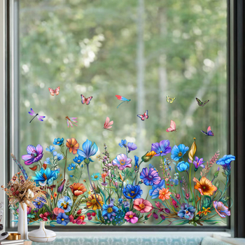 Autocolant de perete electrostatic, fără adeziv, cu flori, fluturi și dragonflies; PVC, impermeabil, rezistent la umezeală, murdărie și mucegai. Model 21212100336; 1 bucată.