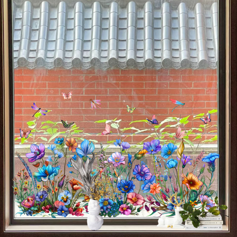 Autocolant de perete electrostatic, fără adeziv, cu flori, fluturi și dragonflies; PVC, impermeabil, rezistent la umezeală, murdărie și mucegai. Model 21212100336; 1 bucată.