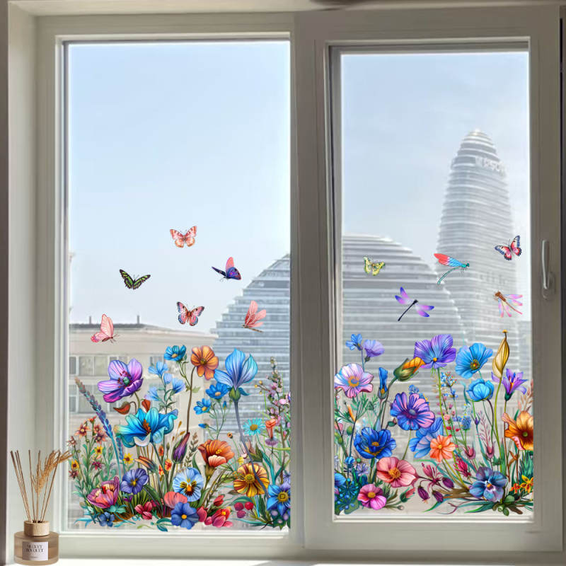 Autocolant de perete electrostatic, fără adeziv, cu flori, fluturi și dragonflies; PVC, impermeabil, rezistent la umezeală, murdărie și mucegai. Model 21212100336; 1 bucată.