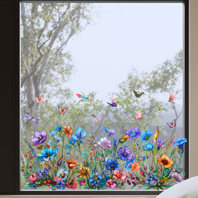 Autocolant de perete electrostatic, fără adeziv, cu flori, fluturi și dragonflies; PVC, impermeabil, rezistent la umezeală, murdărie și mucegai. Model 21212100336; 1 bucată.