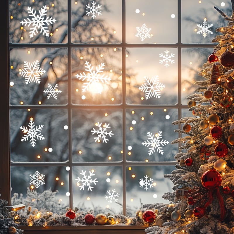 BR0669C Autocolant pentru fereastră cu fulgi de zăpadă, complet transparent UV, decor pentru geamul de sticlă, PVC, Model Cartoon, 2 bucăți, pentru living, dormitor, hol