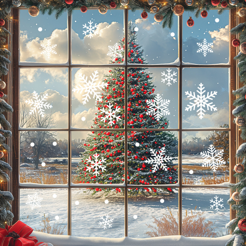 BR0669C Autocolant pentru fereastră cu fulgi de zăpadă, complet transparent UV, decor pentru geamul de sticlă, PVC, Model Cartoon, 2 bucăți, pentru living, dormitor, hol