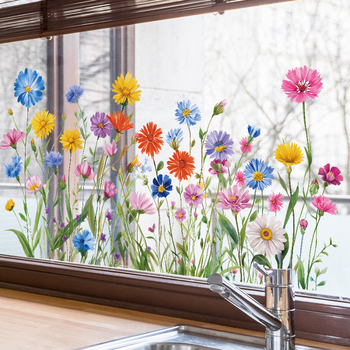 Autocolant electrostatic pentru geam – Flori sălbatice în stil pastoral acuarelă, PVC, pentru dormitor, sufragerie și hol, decorare sticlă