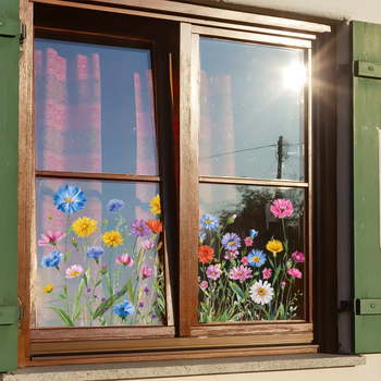 Autocolant electrostatic pentru geam – Flori sălbatice în stil pastoral acuarelă, PVC, pentru dormitor, sufragerie și hol, decorare sticlă