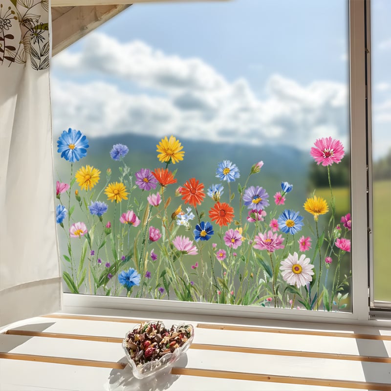 Autocolant electrostatic pentru geam – Flori sălbatice în stil pastoral acuarelă, PVC, pentru dormitor, sufragerie și hol, decorare sticlă
