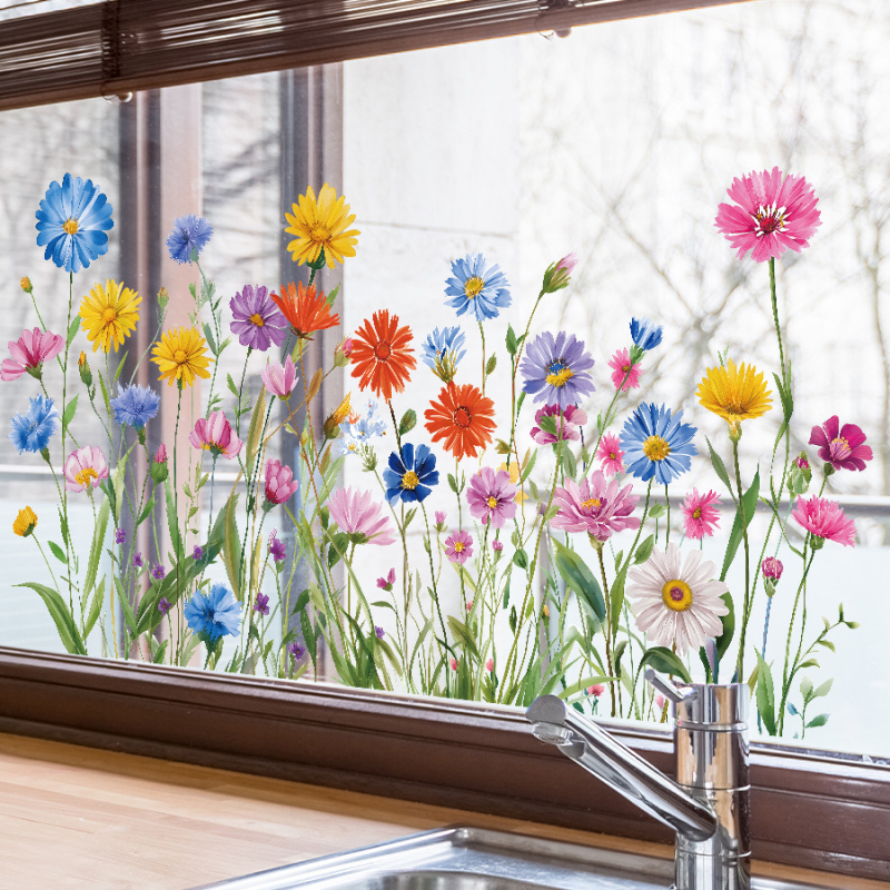 Autocolant electrostatic pentru geam – Flori sălbatice în stil pastoral acuarelă, PVC, pentru dormitor, sufragerie și hol, decorare sticlă