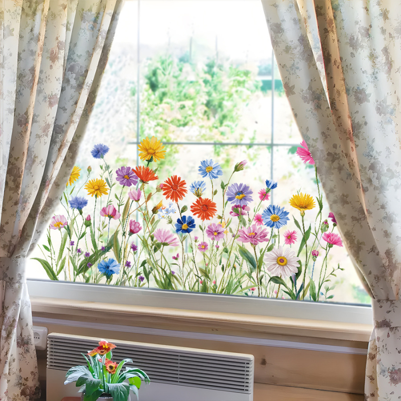 Autocolant electrostatic pentru geam – Flori sălbatice în stil pastoral acuarelă, PVC, pentru dormitor, sufragerie și hol, decorare sticlă