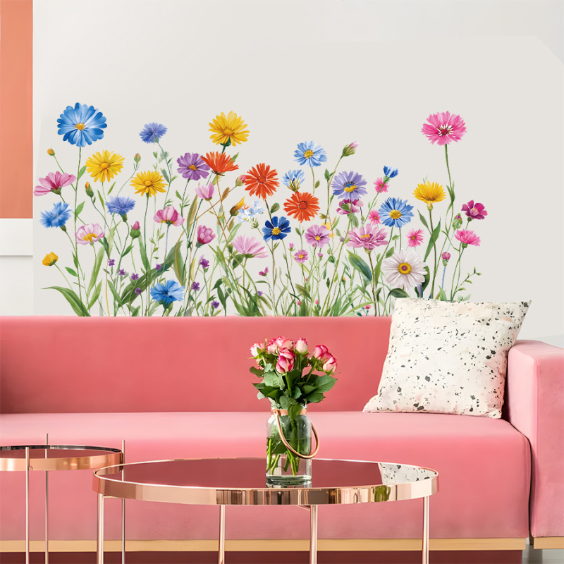 Autocolant electrostatic pentru geam – Flori sălbatice în stil pastoral acuarelă, PVC, pentru dormitor, sufragerie și hol, decorare sticlă