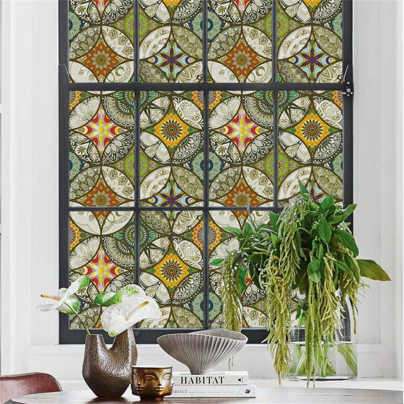 Film mat pentru sticlă, intimitate - PVC, adeziv electrostatic, model circular, stil modern minimalist, pentru baie