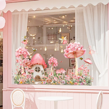 PVC elektrostatni naljepnica za prozor – cvjetni uzorak, motiv vila djevojka i kućica od gljiva, dvostrano vidljiva dekoracija za dnevni boravak, spavaću sobu, radnu sobu