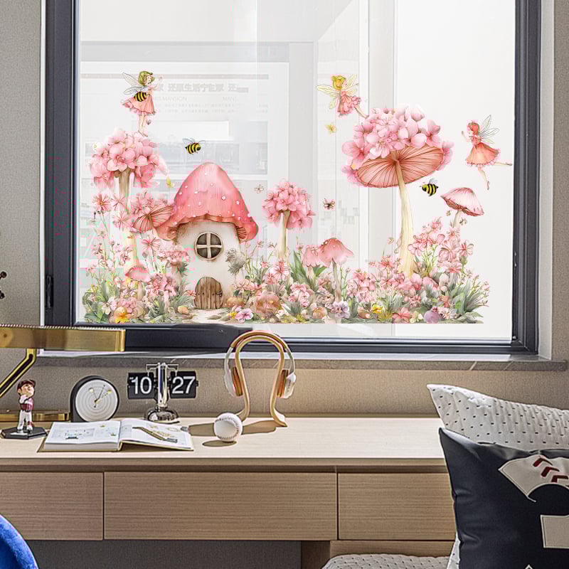 PVC elektrostatni naljepnica za prozor – cvjetni uzorak, motiv vila djevojka i kućica od gljiva, dvostrano vidljiva dekoracija za dnevni boravak, spavaću sobu, radnu sobu