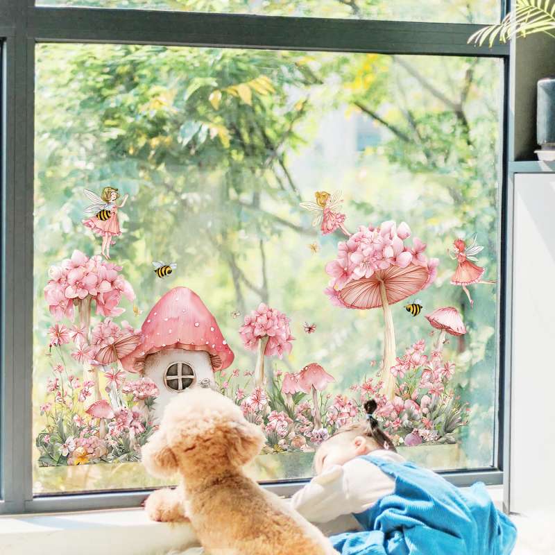 PVC elektrostatni naljepnica za prozor – cvjetni uzorak, motiv vila djevojka i kućica od gljiva, dvostrano vidljiva dekoracija za dnevni boravak, spavaću sobu, radnu sobu