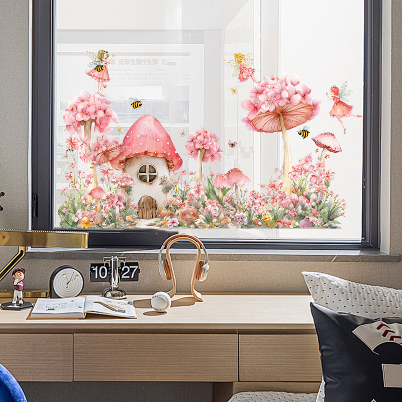 PVC elektrostatni naljepnica za prozor – cvjetni uzorak, motiv vila djevojka i kućica od gljiva, dvostrano vidljiva dekoracija za dnevni boravak, spavaću sobu, radnu sobu