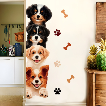 Sticker de perete cu cățeluși: amprentă de labă și os, PVC, 1 bucată, decorativ, model curcubeu/cartoon/animale drăguțe, pentru living, dormitor și hol