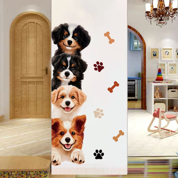 Sticker de perete cu cățeluși: amprentă de labă și os, PVC, 1 bucată, decorativ, model curcubeu/cartoon/animale drăguțe, pentru living, dormitor și hol