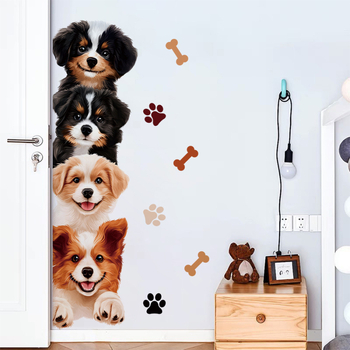 Sticker de perete cu cățeluși: amprentă de labă și os, PVC, 1 bucată, decorativ, model curcubeu/cartoon/animale drăguțe, pentru living, dormitor și hol