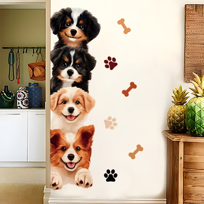 Sticker de perete cu cățeluși: amprentă de labă și os, PVC, 1 bucată, decorativ, model curcubeu/cartoon/animale drăguțe, pentru living, dormitor și hol