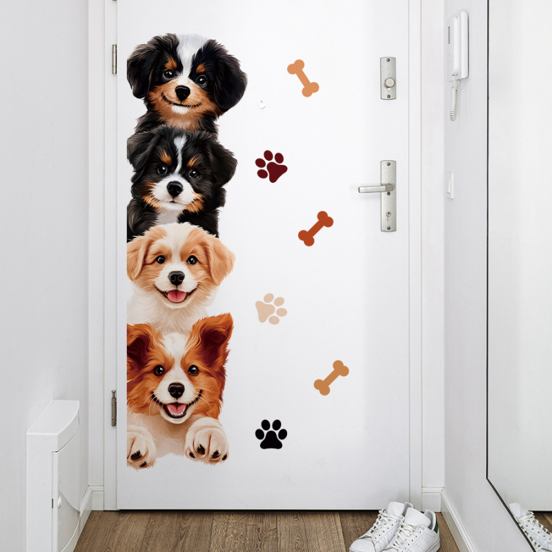 Sticker de perete cu cățeluși: amprentă de labă și os, PVC, 1 bucată, decorativ, model curcubeu/cartoon/animale drăguțe, pentru living, dormitor și hol