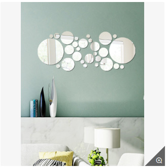 Apaļas spoguļu sienas uzlīmes 3D dekors, PS materiāls, pašlīmējošas, vienkrāsains raksts, divas versijas: komplekti ar 32 vai 26 gabaliem