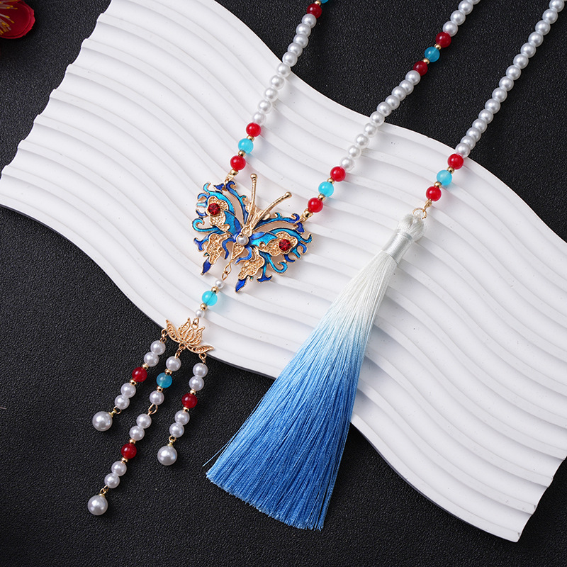 Colier cu motiv de fluture și mărgele în nuanțe de nor, din rășină, șir de mărgele, lungime 51–80 cm, stil etnic, pandantiv din plastic